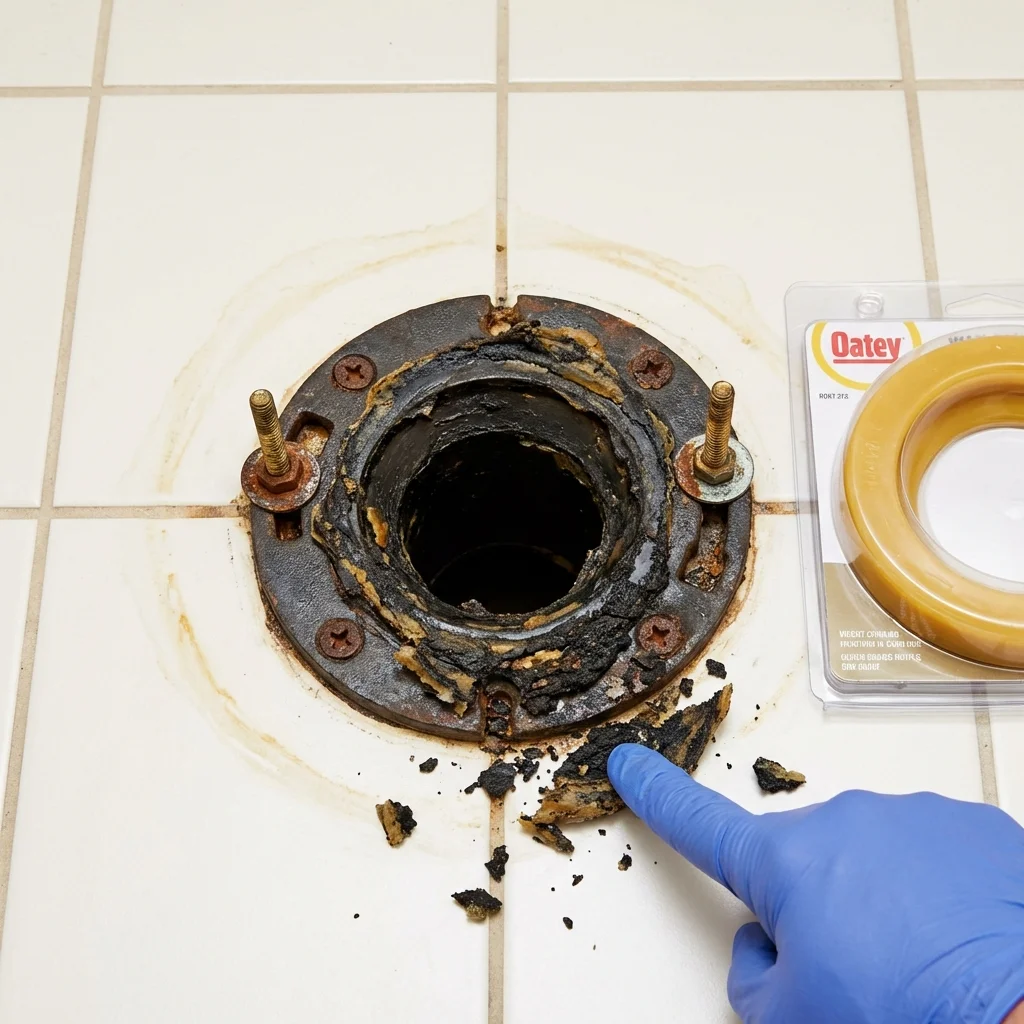 Failed wax ring showing water seepage at the base of a toilet in a Meadville, PA home