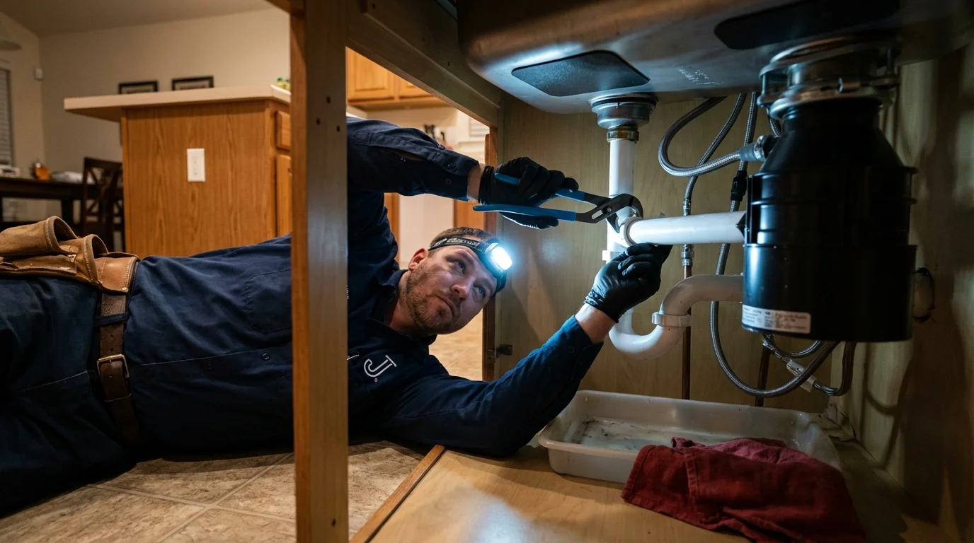 P-trap and supply line connections under a kitchen sink showing a common leak point in Meadville, PA